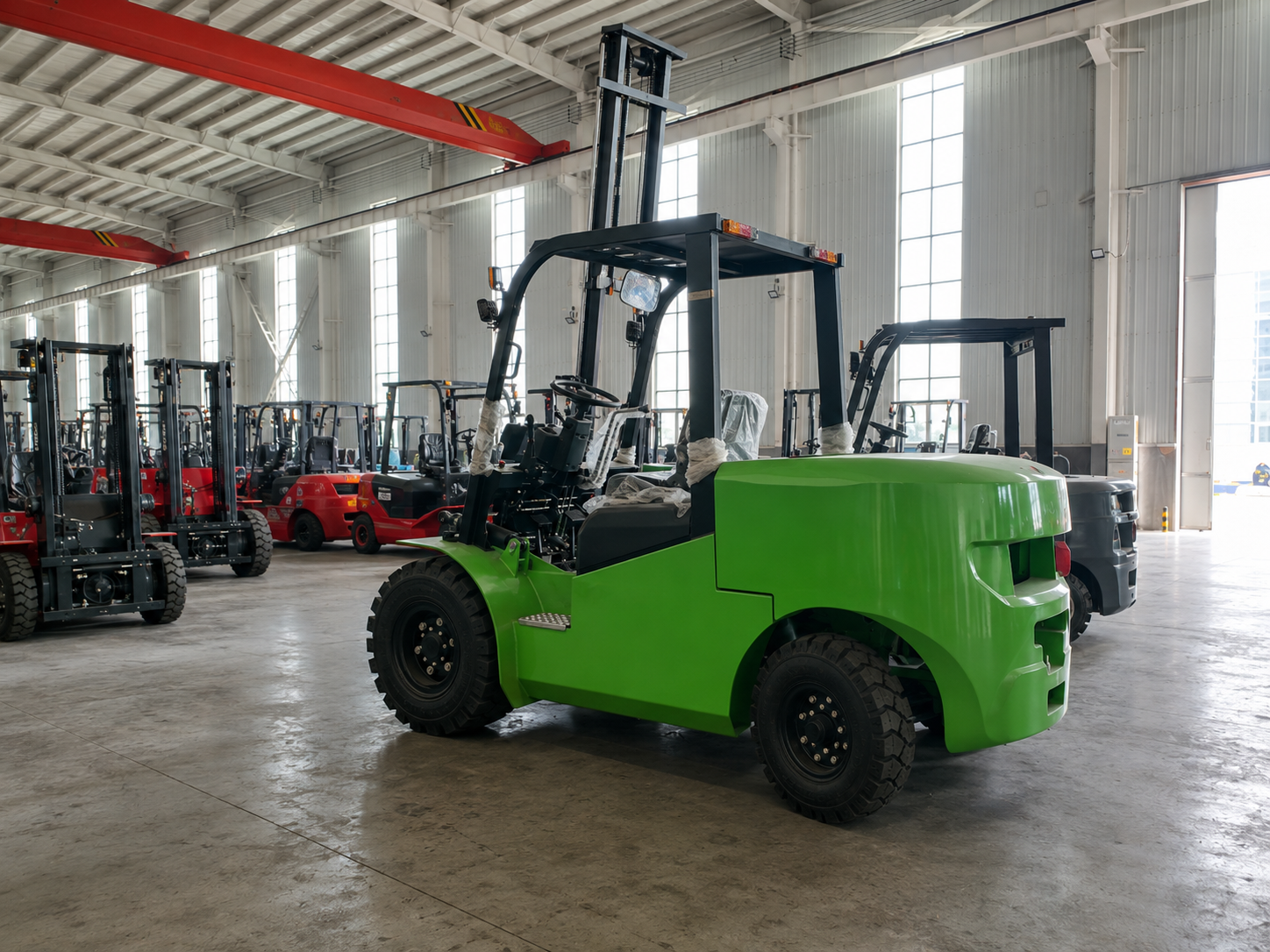 Electric forklift with raised mast working inside the Gangchi warehouse
