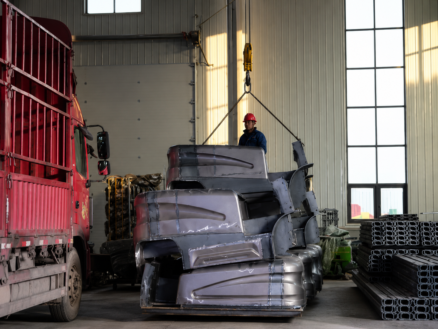 Electric forklift wrapped and braced on a pallet for container shipment at Gangchi