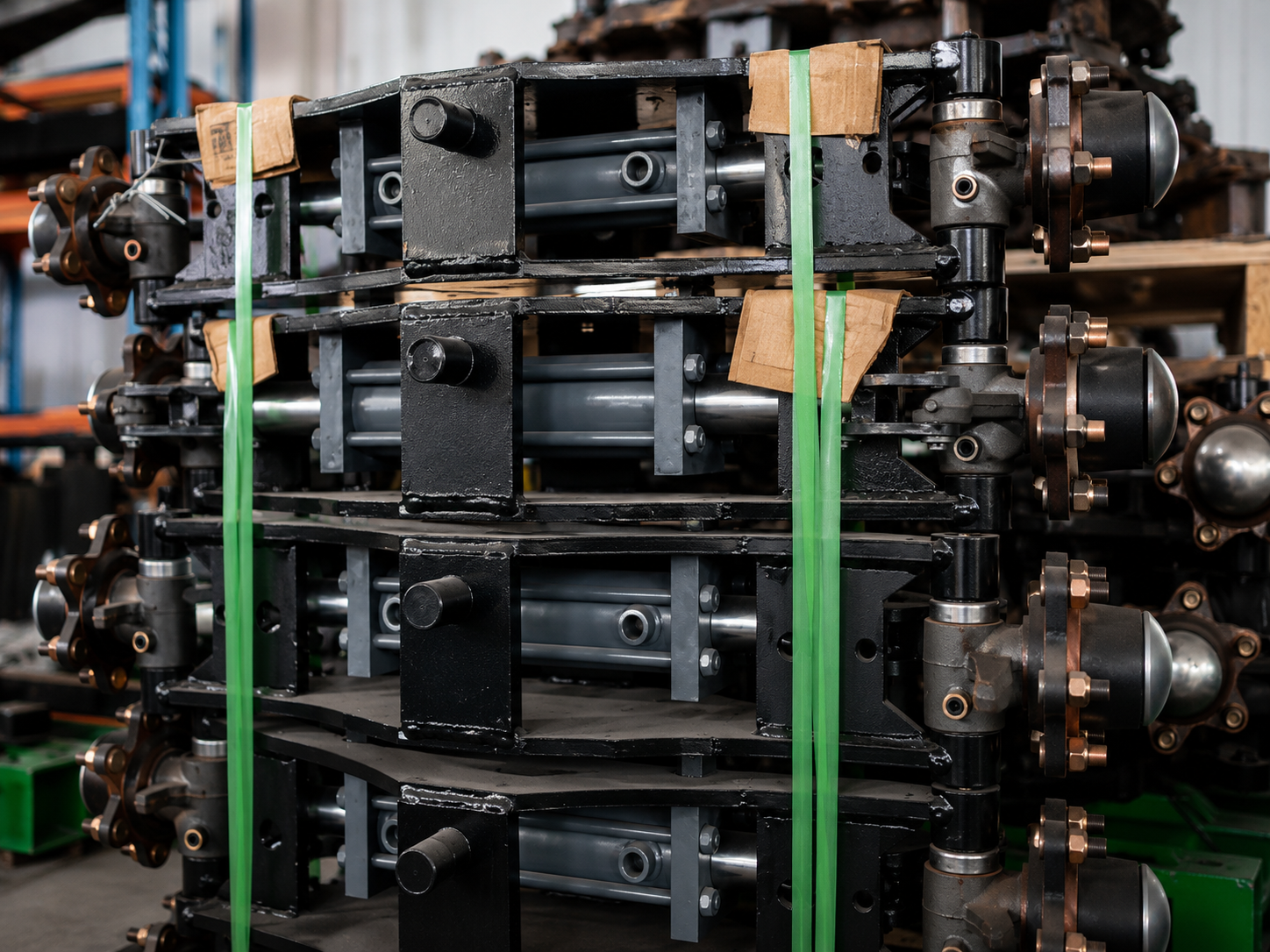 Carriage and structural components staged for assembly at the Gangchi forklift plant