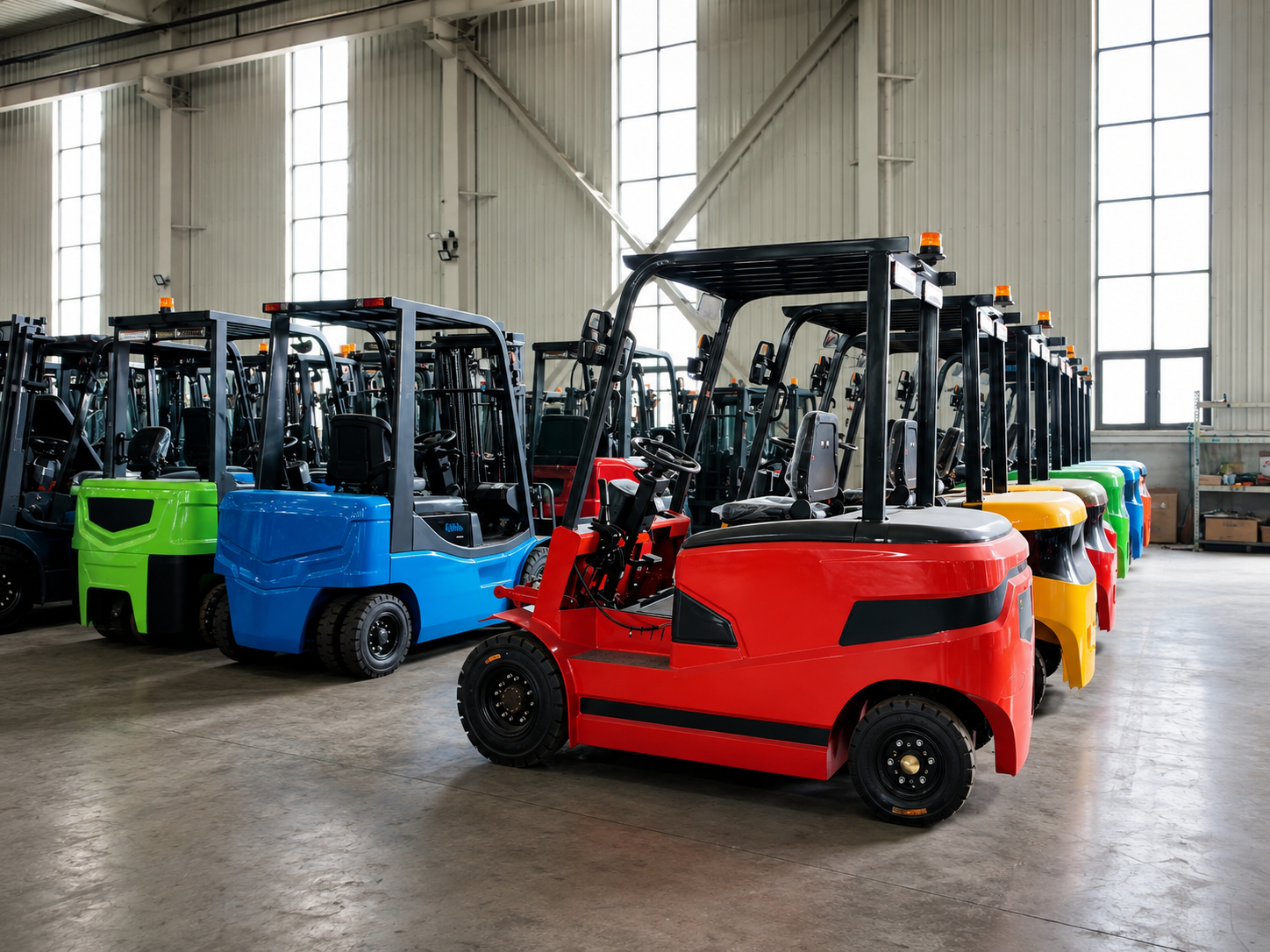 Production line at Gangchi with electric forklift bodies finished in several custom colours